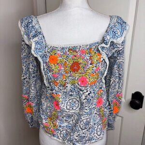 LOVE THE LABEL Embroidered Ruffle Smocked Boho Blouse 100% Cotton XS